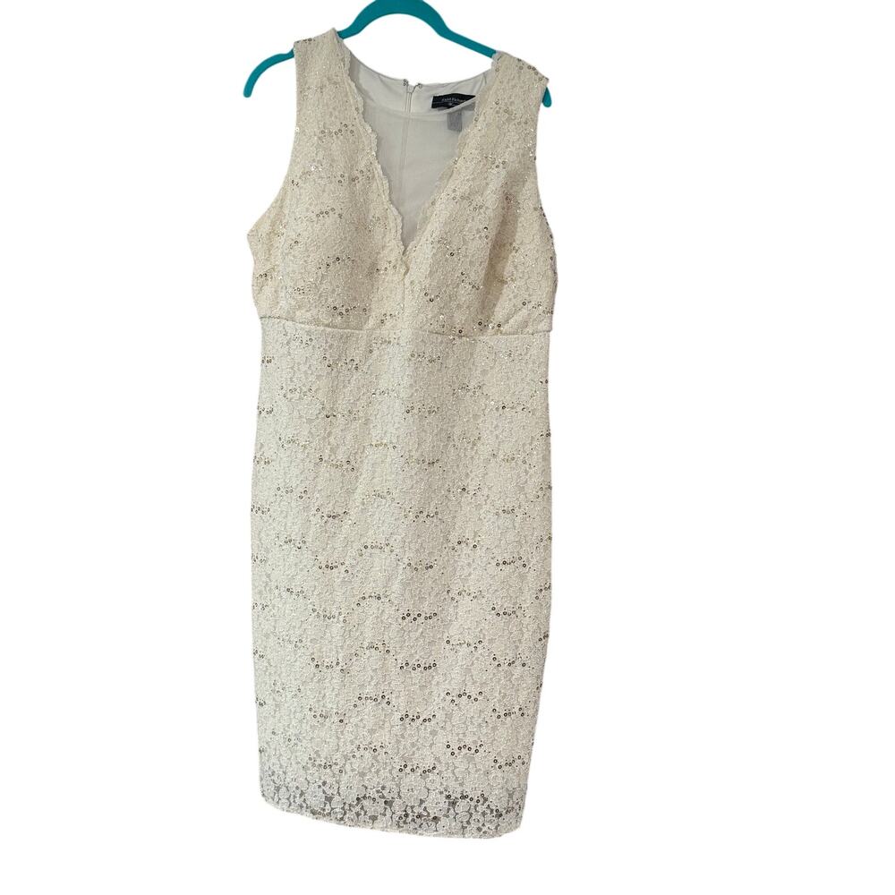R&M Richards Ivory Sequin Lace Cocktail Dress 14W Sleeveless Sheath Formal